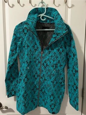 Women's Teal Patterned Zip Jacket with High Collar
